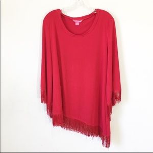 Sunny Leigh red fringe asymmetric top 3/4 sleeve